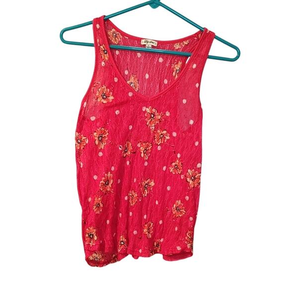 Lily Star Size Juniors Large REd Stretchy Sheer Floral Tank Top Polka Dot Summer - Picture 1 of 8